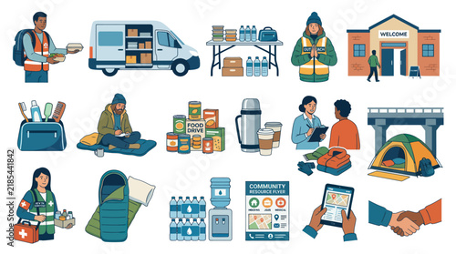 Social Services and Humanitarian Aid Flat Vector Illustration Set for Community Support and Charity