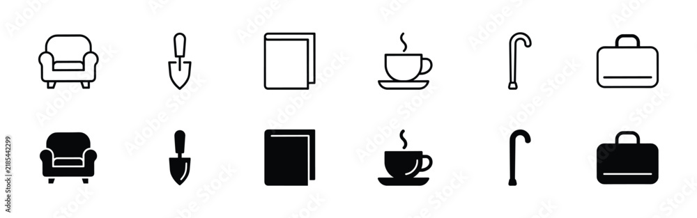 Fototapeta premium Retirement icon set with armchair and walking cane in black