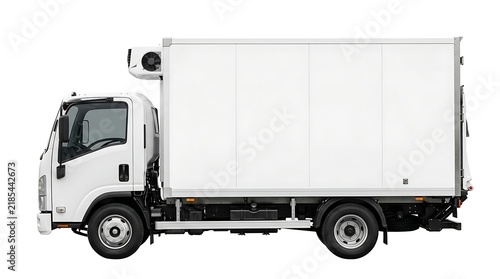 Side view of a white refrigerated delivery truck isolated on a white background.