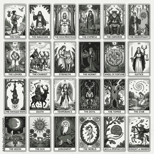 Bild auf Leinwand Mystical Tarot Card Collection Major Arcana Illustrations with Symbolic Imagery
