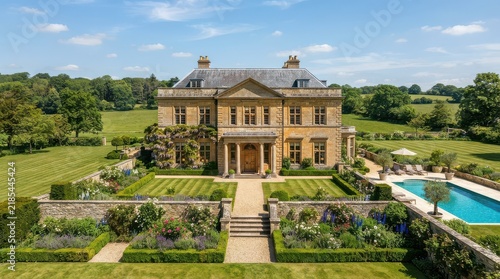 Stone country house with columned portico and symmetrical terraced gardens