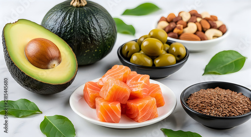 Healthy fats and vibrant foods avocado nuts salmon and seeds arrangement