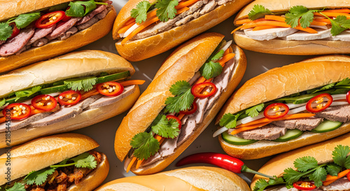 Overhead view of several vietnamese banh mi sandwiches fresh and colorful