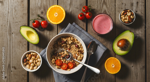 Healthy breakfast spread fruits granola and yogurt on rustic wood