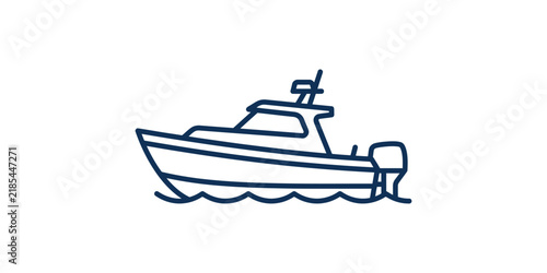 Minimalist line art illustration of a small motorboat cruising on water.