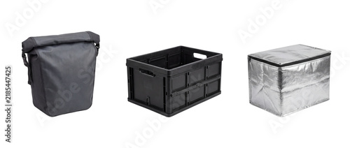 Cargo pannier delivery crate and liner trio isolated PNG cutout