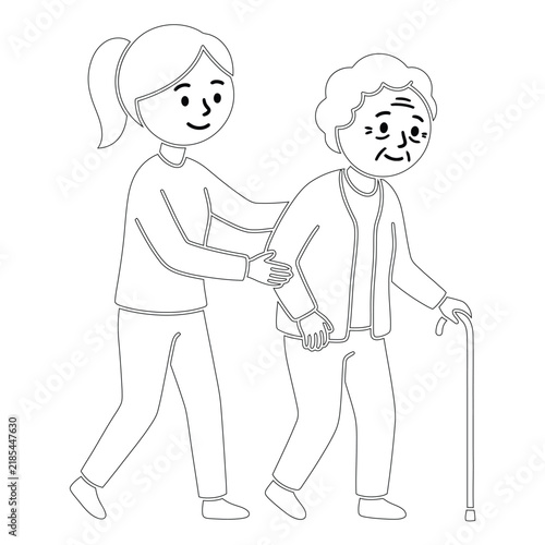 Helping elderly person walk line art