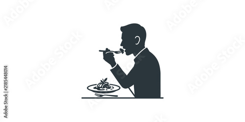 Minimalist silhouette illustration of a man eating a meal at a dining table.