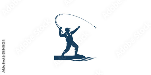 Minimalist silhouette illustration of a man fishing on a boat.