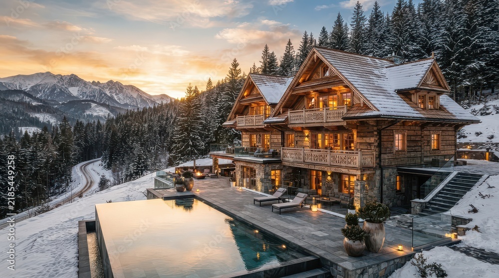 Fototapeta premium Timber mountain chalet with infinity pool overlooking snowy forest at sunset