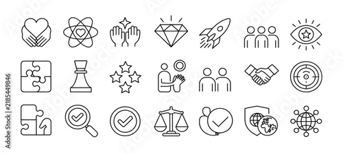 Core values and corporate culture thin line icons set for business strategy and company mission statement.