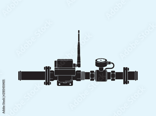 Side view silhouette of an automated smart irrigation valve with wireless antenna and flow meter on white