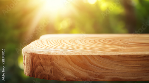 Close up of wooden table edge showcasing natural grain patterns and warm sunlight