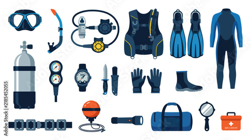 Flat Design Scuba Diving Equipment Set Vector Illustration. Essential Underwater Gear, Accessories, and Dive Kit.
