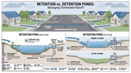 Stormwater management infographic showing retention and detention ponds