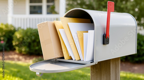 Open Mailbox Packed with Envelopes, Letters and Cardboard Parcel Box on Front Yard Lawn in Residential Suburb