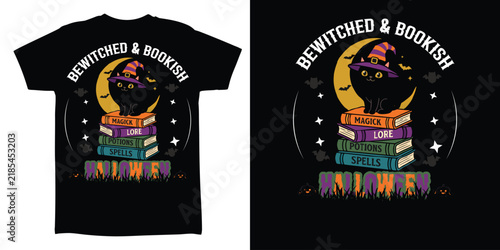 Bewitched and Bookish Halloween Design with Witch Cat Magic Books Moon and Bats