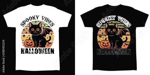 Spooky Vibes Halloween T-Shirt Design with Black Cat Pumpkin Moon and Stars