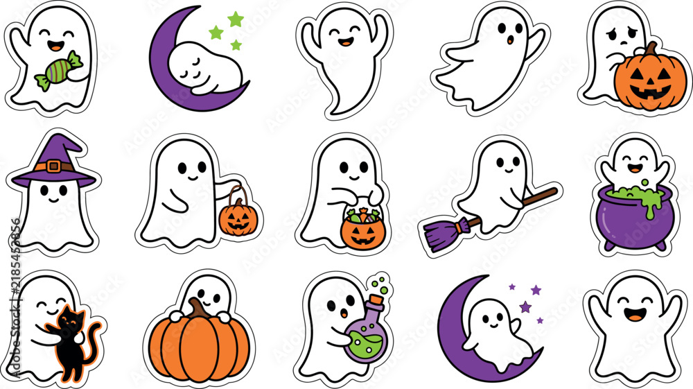 Fototapeta premium Halloween cute ghost sticker vector set featuring friendly cartoon phantoms with spooky pumpkin and witch broom elements