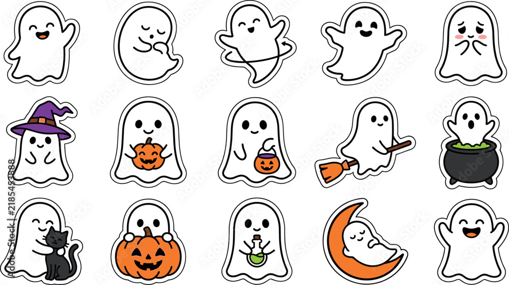 Fototapeta premium Halloween cute ghost sticker vector sheet featuring cartoon phantom characters with pumpkin and witch broom elements
