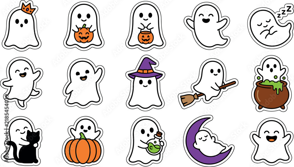 Obraz premium Halloween cute ghost sticker vector sheet featuring funny cartoon phantoms with pumpkin and witch broom elements