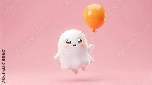 Cute cartoon ghost flying with orange balloon on pink background. Adorable kawaii 3d character for Halloween. Funny friendly spooky mascot animation