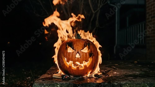 Carved halloween pumpkin burning in flame at night. Jack o lantern on fire outdoors in dark yard.