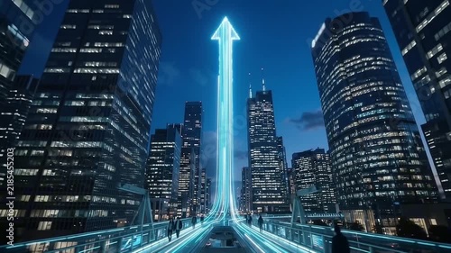 An upward glowing arrow symbolizing progress and growth emerges from a bridge lined with people, piercing the night sky above a modern cityscape