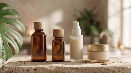 A collection of beauty products and skincare on a stone surface, with a tropical leaf and soft lighting