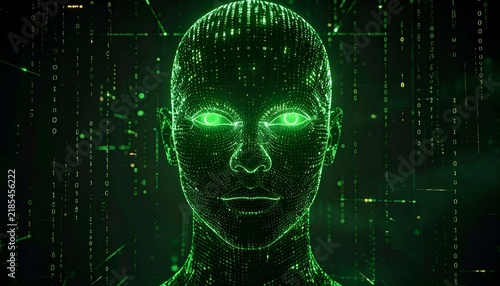 Futuristic humanoid face with luminous green eyes surrounded by binary code, symbolizing artificial intelligence, cybersecurity, digital surveillance, and machine intelligence.