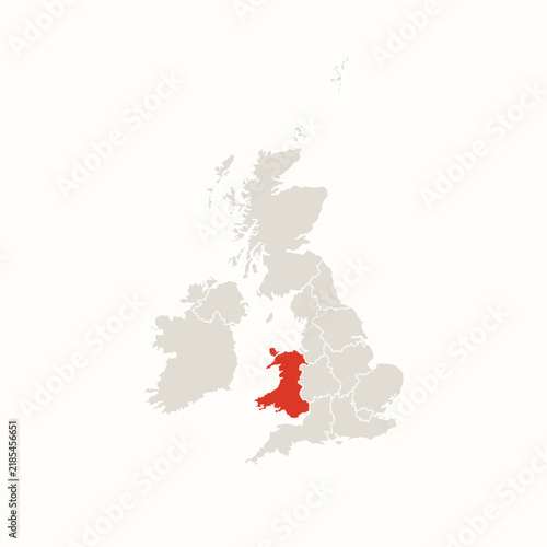 Wales Highlighted in Red on United Kingdom and Ireland Map