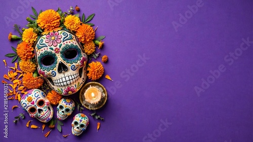 A vibrant Day of the Dead skull adorned with flowers, displayed on a striking purple background
