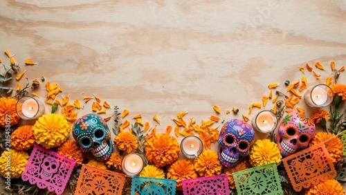 Brightly colored flowers and candles set the scene for Day of the Dead, highlighting the rich traditions of Mexican heritage