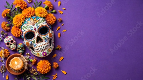 Brightly colored Day of the Dead skull with marigold flowers, presented on a bold purple background