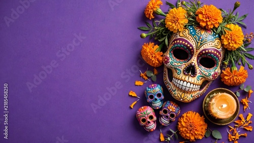Festive sugar skull and marigold blooms on a purple background, symbolizing the Día de los Muertos celebration