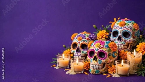 Festive sugar skulls with candles, representing the cultural heritage of Día de los Muertos and the remembrance of ancestors