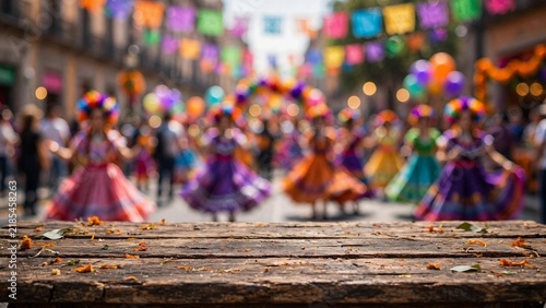 Folk dancers in vibrant costumes dance joyfully in the street, honoring the traditions of Día de los Muertos in Mexico