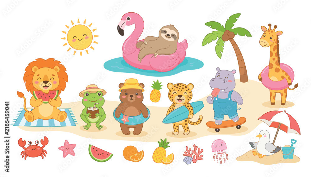 Fototapeta premium Cute summer animals vector set featuring cartoon safari wildlife enjoying beach vacation activities isolated on white background