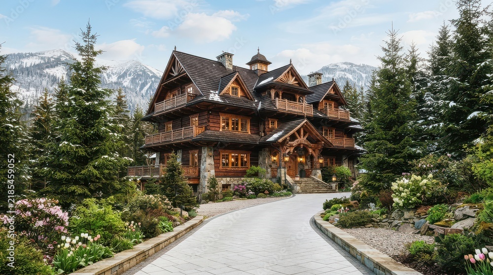Fototapeta premium Multistory wooden chalet with winding pale driveway and flowering garden among conifers