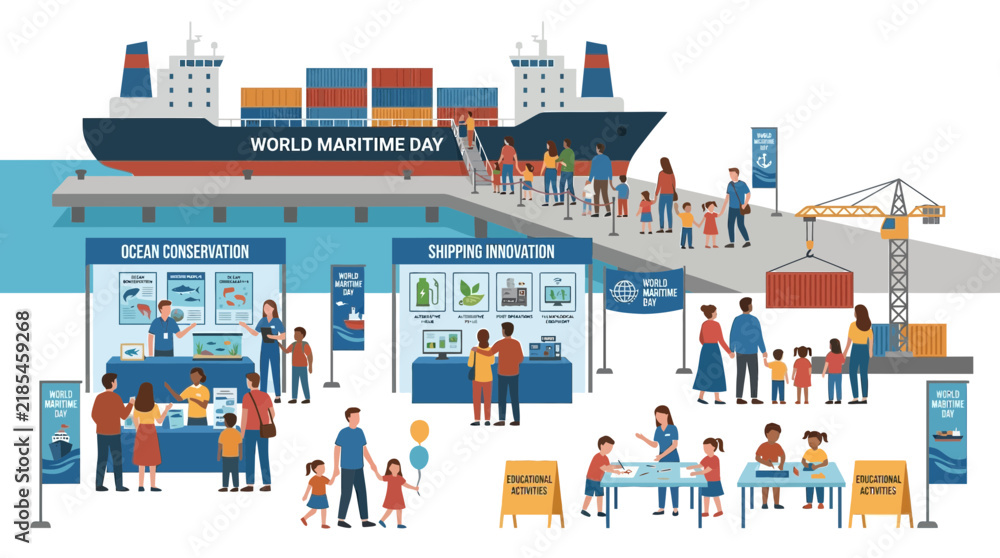 Fototapeta premium World Maritime Day Celebration: People, Cargo Ship, Exhibition Booths, Ocean Conservation, Shipping Innovation