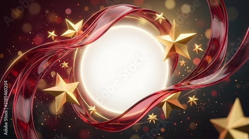 Glowing white circle frame surrounded by 3D golden stars and flowing transparent red ribbons