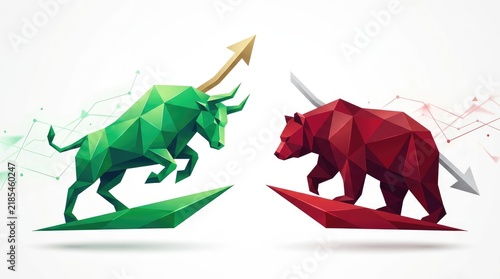 Geometric green bull and red bear fighting over stock market trends in bright studio lighting setup