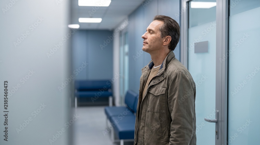 Fototapeta premium Man with eyes closed breathing deeply in a modern medical waiting room