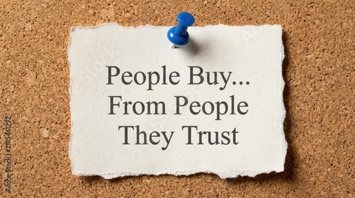Inspirational note featuring text about trust pinned onto a rustic corkboard using blue plastic thumb