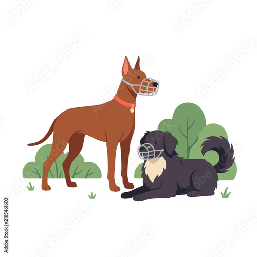 Two dogs wearing muzzles, one standing and one lying down, in an outdoor setting with green bushes.
