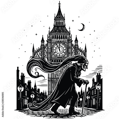 Mysterious old man walking at night with Big Ben clock tower and crescent moon, victorian london line art vector illustration