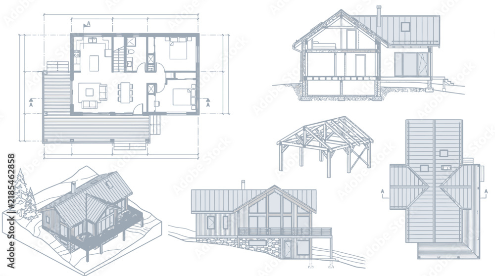 Fototapeta premium Architectural blueprints and renderings of a modern wooden house design.