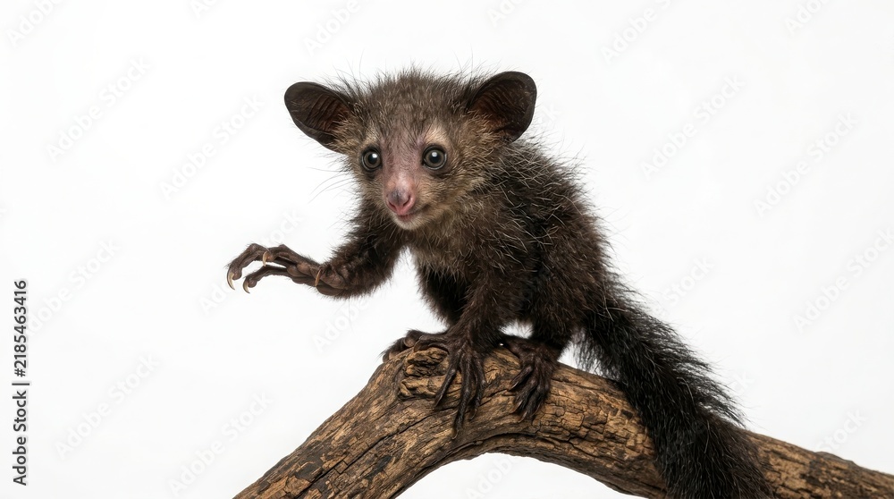 Fototapeta premium Small aye-aye lemur with large ears sitting on a wooden branch against a white background rare animal nocturnal animal exotic animal rare species rainforest animal wild creature bushy tail