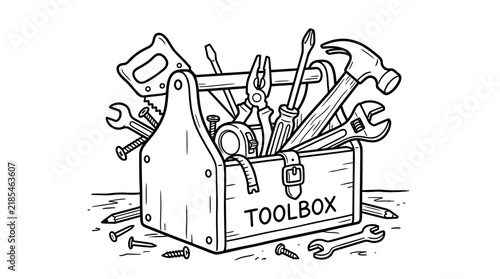 A black and white line art illustration of a toolbox overflowing with various tools, nails, and screws.