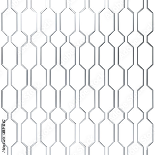Seamless, tileable geometric pattern of delicate, polished metallic silver lines forming interlocking ogee and hexagonal shapes on a transparent background, concept of modern luxury design